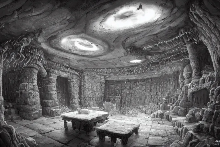 Prompt: black and white point perspective dungeon cozy fantasy dungeon You step into the biological room. The walls and floor are made out of salt that kinda smells like condensation trails. A flexible force of dwarfs guards the room. ,by artgerm and Craig Mullins, James Jean, Andrey Ryabovichev, Mark Simonetti and Peter Morbacher 16k