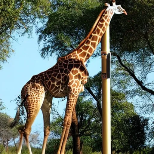 Prompt: A desperate giraffe working as transition line pole to make ends met.