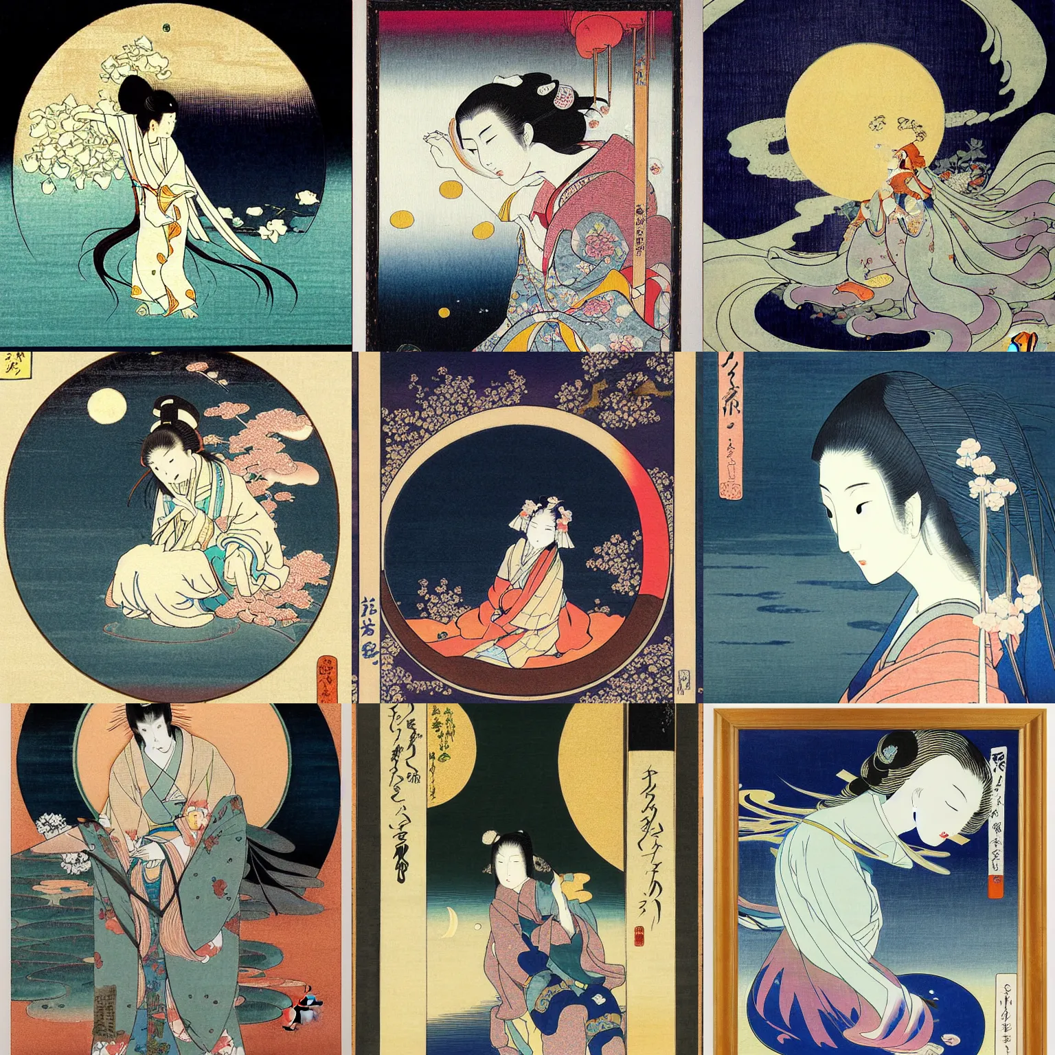 Prompt: a ukyo-e painting of Kaguya, the moon light princess by Hokusai, very ethereal, floating world, glass reflections