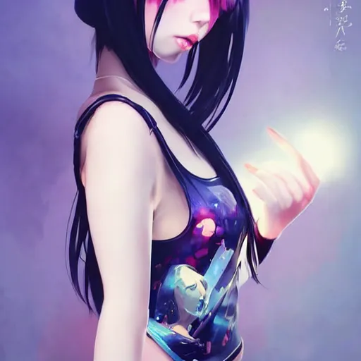 Image similar to a beautiful young japanese billie eilish hitomi tanaka alluring instagram model in elaborate latex tank top, jrpg tank top made from latex demon faces, by guweiz and wlop and ilya kuvshinov and artgerm and, aesthetic, gorgeous, stunning, alluring, attractive, artstation, deviantart, pinterest, digital art