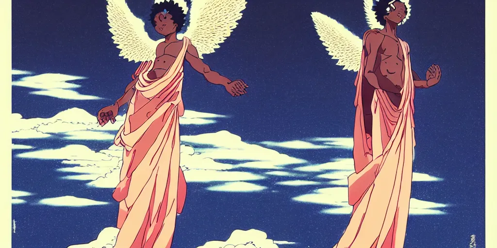 Image similar to african angel ascending from clouds, olympus platform, standing on a cloud, symmetrical!!, anime, prism highlights, depth of field, cinematic, filmic, vsco, concept art, art station, digital painting, elegant, epic, focus, art by katsushika hokusai, art by satoshi kon