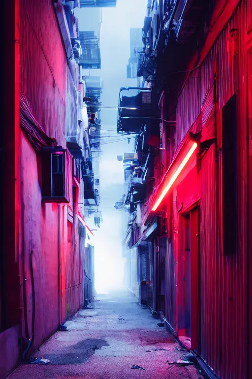 Prompt: cityscape alley way, cyberpunk, diffused lighting, with red and blue neon lighting, fog, trash and dumpsters in the alley, hyperrealism, by tae young choi and dang my linh, 8 k dop dof hdr