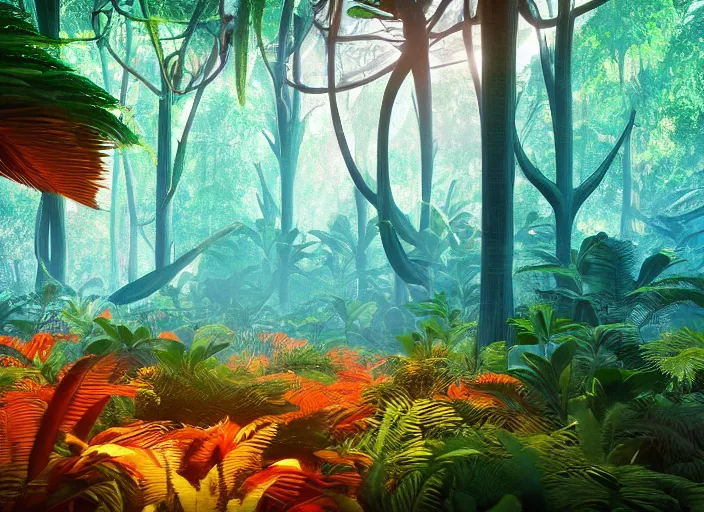 Image similar to a lush alien forest, teal sky, orange plants, birds in flight, humid alien jungle, orange and teal color scheme, atmospheric, exotic, colorful, unreal engine, trending on artstation