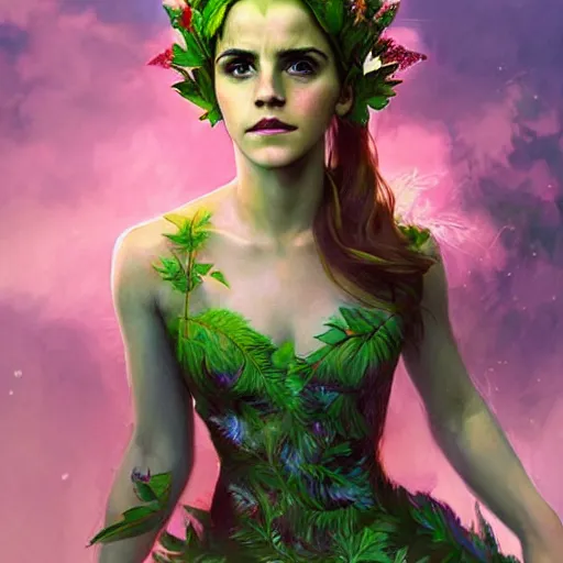 Prompt: portrait of emma watson as titania, summer queen. faerie queen. queen of light, green, poison ivy, made by caravaggio stanley artgerm lau wlop rossdraws artstation cgsociety concept art octane render