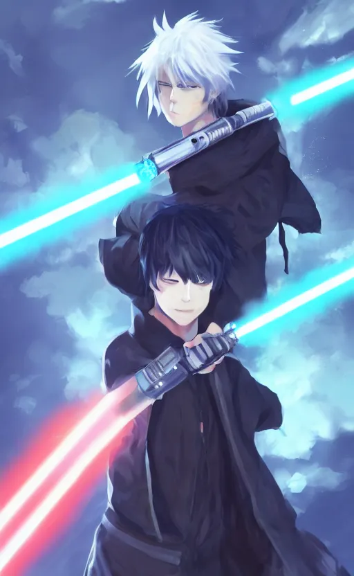 Image similar to anime boy with messy blue hair wearing black long jacket holding an dual blade lightsaber, WLOP, concept art, digital painting, trending on artstation, highly detailed, epic composition, 8k UHD