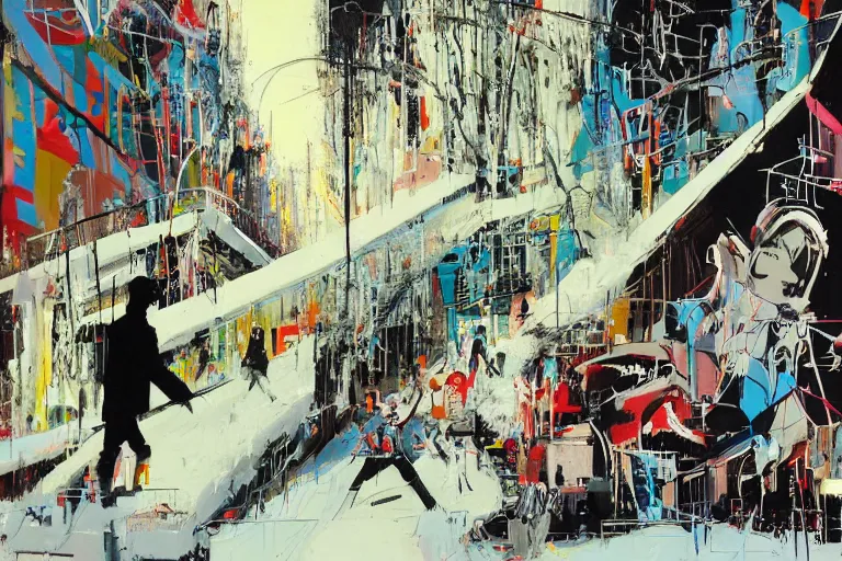 Prompt: winter, walls by john berkey, covered in graphitti of a winter goddess by banksy, basquiat, cleon peterson, dramatic cinematic lighting, manicured solarpunk greenery, high fashion futuristic people walk past