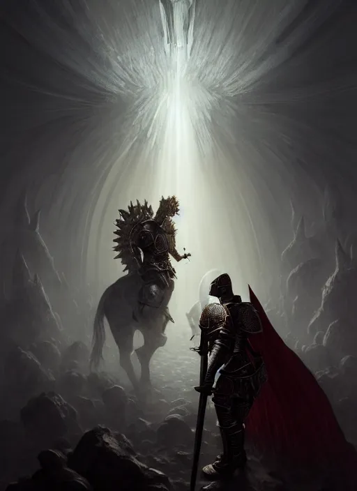 Prompt: portrait of a knight fighting god, intricate, elegant, profane, eerie lighting, mist, fog, god rays, catacombs made of blood, highly detailed, digital painting, artstation, concept art, smooth, sharp focus, illustration, art by wlop, mars ravelo and greg rutkowski