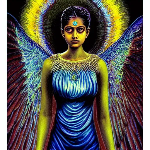 Image similar to Sri lankan girl as a winged angel covered in eyes with glowing halo, iridescent, seraphim, art by Jason Edmiston