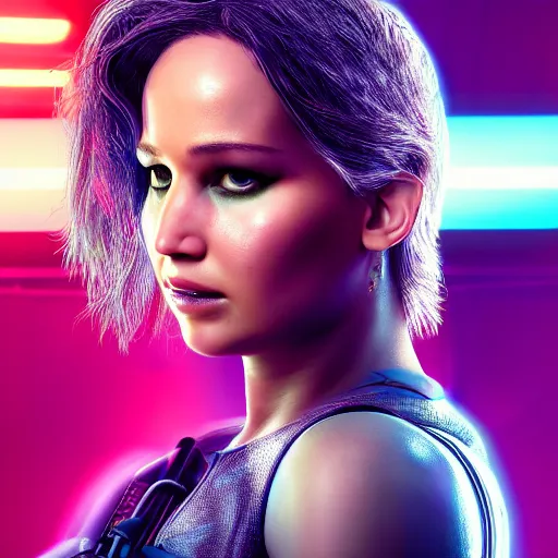 Prompt: jennifer lawrence portrait, cyberpunk 2 0 7 7, cyberpunk judy alvarez, photorealistic, ultra detailed, neon, octane, bokeh, cinematic lighting, cyber, cyberpunk city, studio quality, feature, scars, cyberface, 8 k