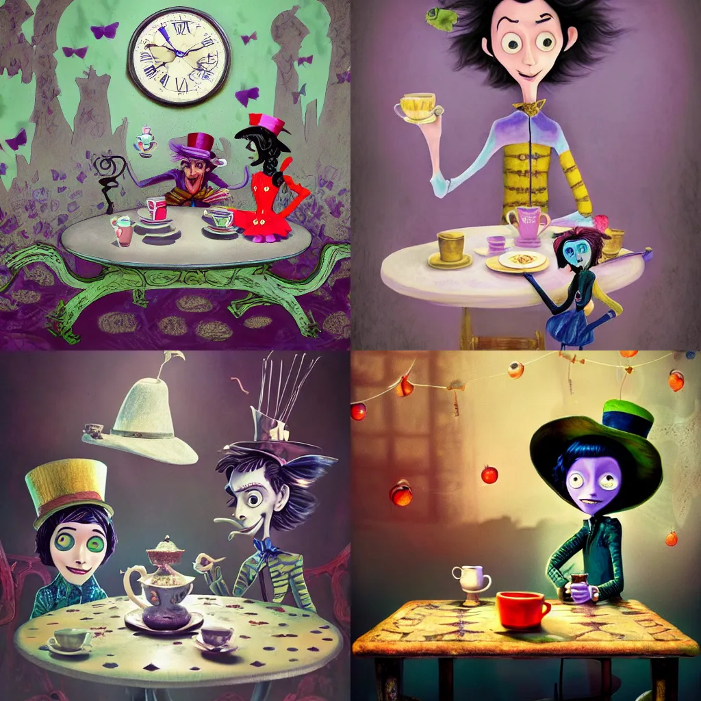 Prompt: coraline drinking tea with the mad hatter. in the wonderland, intricate, elegant, highly detailed, digital painting, artstation, concept art, sharp focus, illustration, by tim burton, stop motion, 8 k