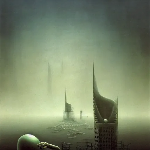 Prompt: arm reaching out of thick fog, vast city in background, round buildings in background, smooth architecture, organic, sophisticated, zdzislaw beksinski, architecture of frank lloyd wright, zaha hadid, norman foster