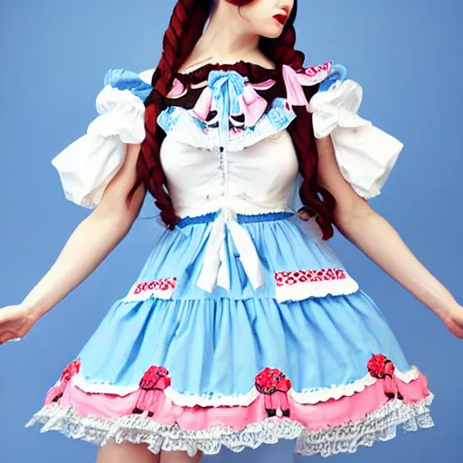 Image similar to A lolita dress with pictures of windmills on it. A beautiful lolita dress, Angelic Pretty