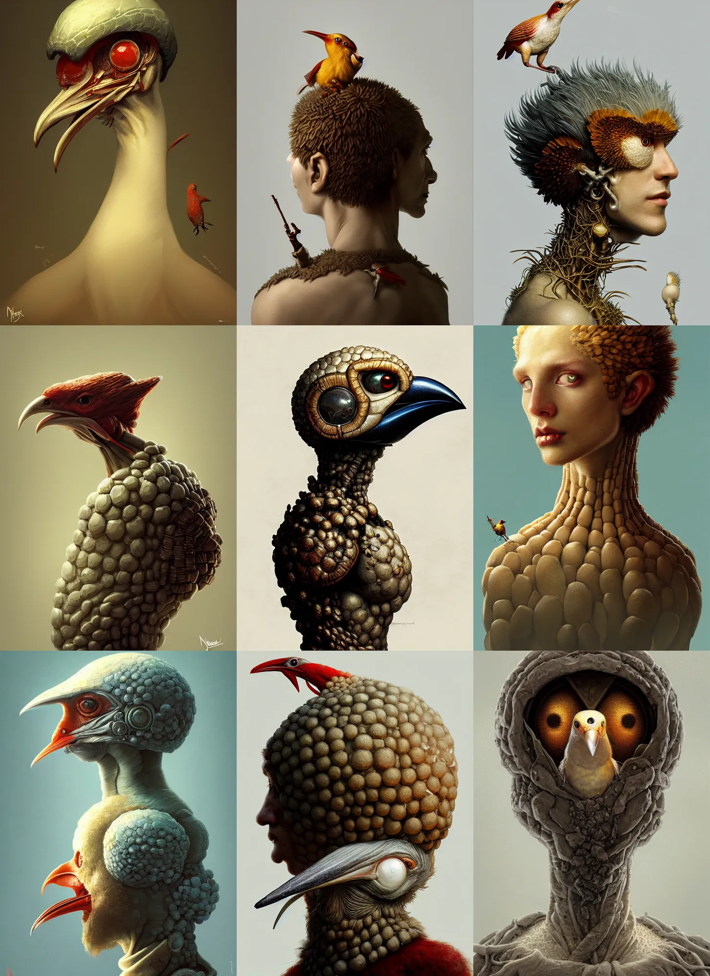Prompt: rpg!! profile! portrait of a fungus humanoid bird! on white background, beak, intricate, highly detailed, digital painting, artstation, concept art, smooth, sharp focus, illustration, art by norman rockwell ponzi remnev lossel currin jasinski albright hsiao - ron cheng, 8 k