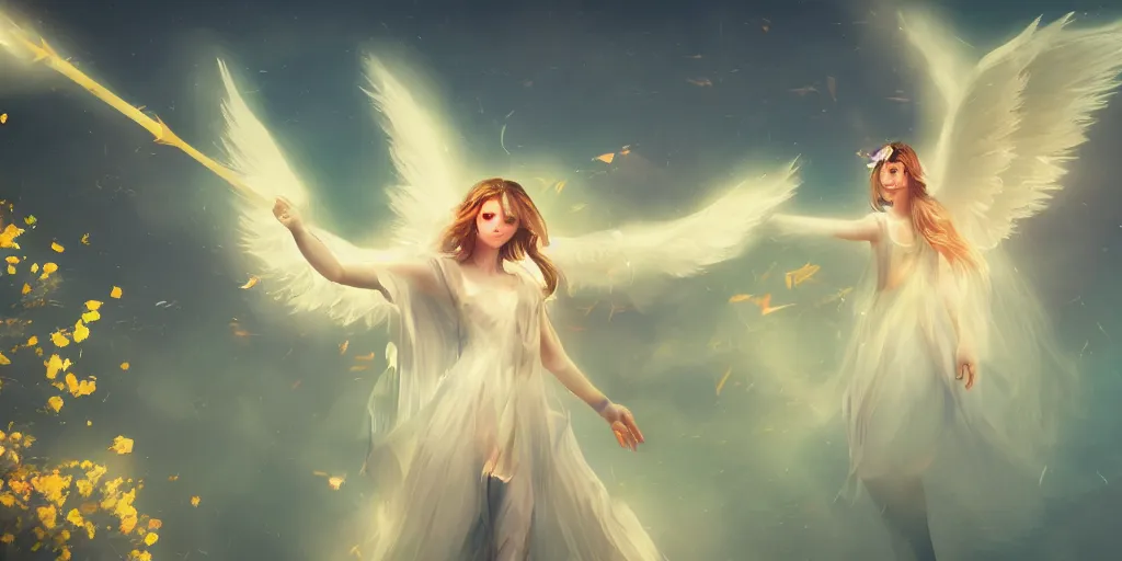 Prompt: An angel with white wings shooting a bright arrow to create flowers on a plain, trending on artstation, heavenly colors, volumetric lighting