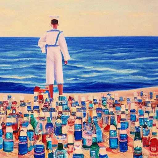 Image similar to sailor on sea with million bottles