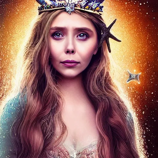 Image similar to “ elizabeth olsen portrait, fantasy, mermaid, hyperrealistic, highly detailed, cinematic lighting, pearls, glowing hair, shells, gills, crown, water, highlights, starfish, goddess, jewelry, realistic, digital art, pastel, magic, fiction, ocean, game, queen, colorful hair, sparkly eyes, fish, romantic, goddess, waves, bubbles ”