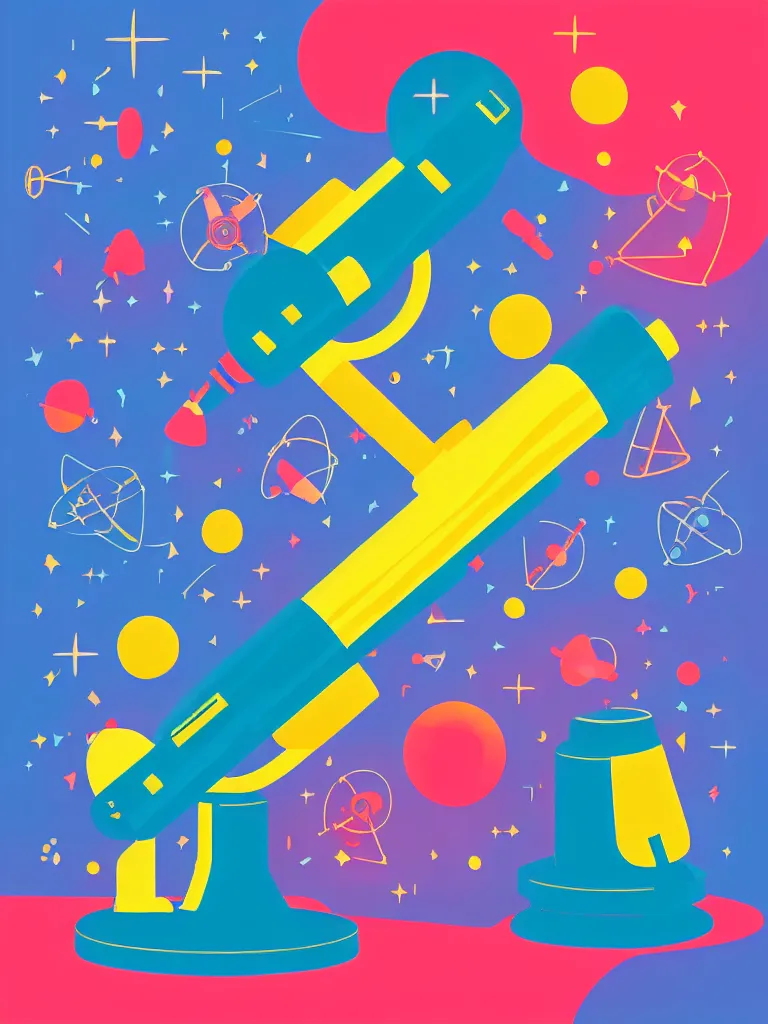 Image similar to editorial illustration scientific lab test tube telescope microscope spaceship, colorful modern, mads berg