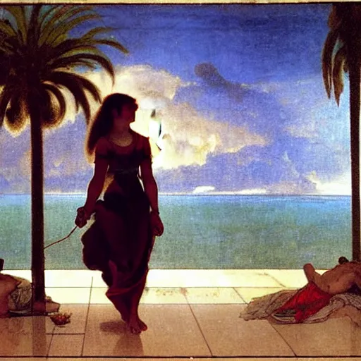 Image similar to Silhouette of a girl at the palace, thunderstorm, greek pool, beach and palm trees on the background major arcana sky, by paul delaroche, alphonse mucha and arnold böcklin arnold böcklin hyperrealistic 8k, very detailed