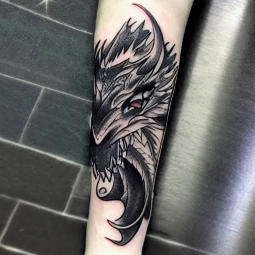 Image similar to simple anime manga full color dragon!! Emerald and obsidian dragon, forearm tattoo, tattoo