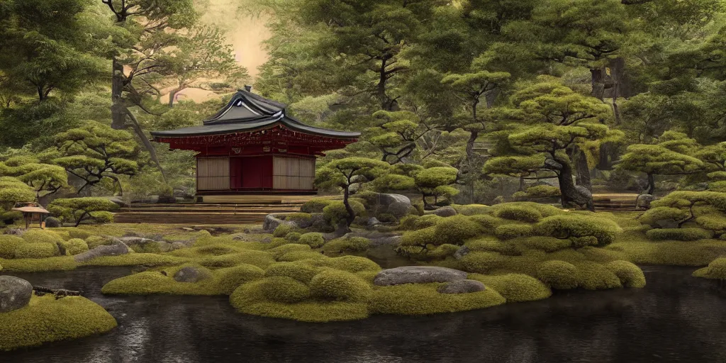 Image similar to a ancient japanese temple in the middle of a forest mear a small river, extremely highly detailed, high quality, 8K HDR, octane render, unreal engine 5, hyperrealistic, concept art, trending on Artstation, dramatic lighting, cinematic, high coherence, path tracing, ruins, clouds in the sky, singular building, centered