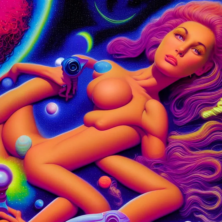 Prompt: cosmic girl, 2 0 yo, reclining close - up, bright neon colors, highly detailed, cinematic, panoramic, tim white, michael whelan, roger dean, bob eggleton, philippe druillet, vladimir kush, kubrick, alfred kelsner, boris vallejo