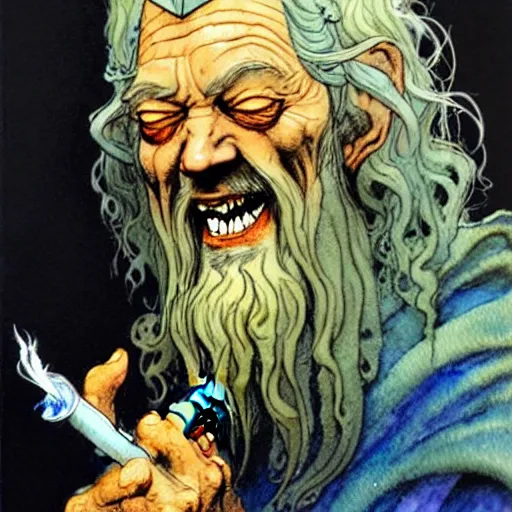 Prompt: a realistic and atmospheric watercolour fantasy character concept art portrait of gandalf with bloodshot eyes laughing and smoking weed out of his pipe by rebecca guay, michael kaluta, charles vess and jean moebius giraud