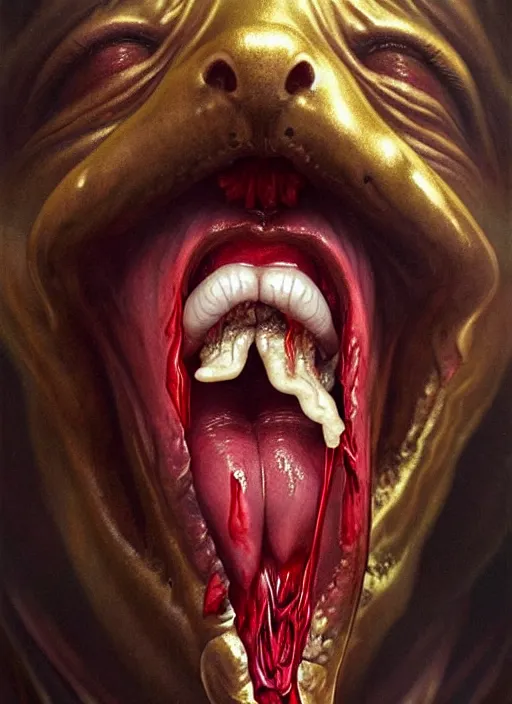 Image similar to incubus sticking out tongue with blood, realistic, surealism, lavish, steep, aesthetic, extravagant, shiny, fantasy, intricate, elegant, extremely higly detailed, digital painting, artstation, ornate, grotesque, baroque, concept art, by artgerm and greg rutkowski and alphonse mucha, joongwon charles jeong and diego fazio