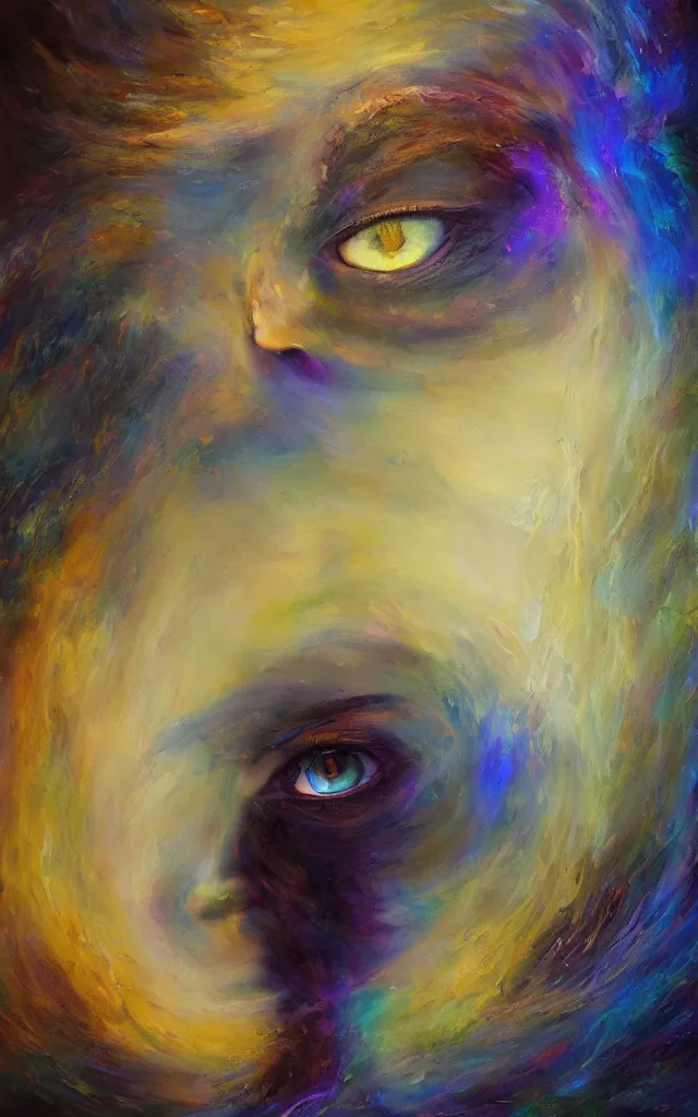 Image similar to iridescent spirit of wrath and fear cruel beautiful spirit with golden eye lunar mythos ambient fog, award winning oil painting, lunar color palette