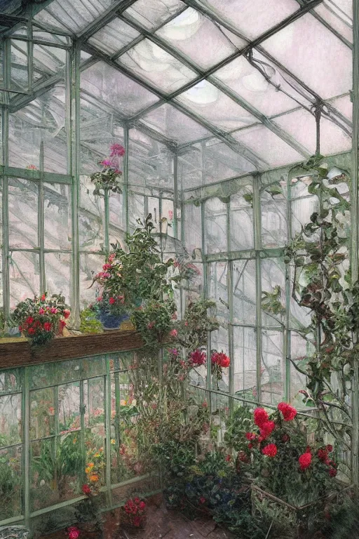 Image similar to a beautiful painting of a greenhouse, beside the window, rainy, gloomy and depressed, dark, low saturation, rococo, by krenz cushart and mucha and monet, trending on artstation.