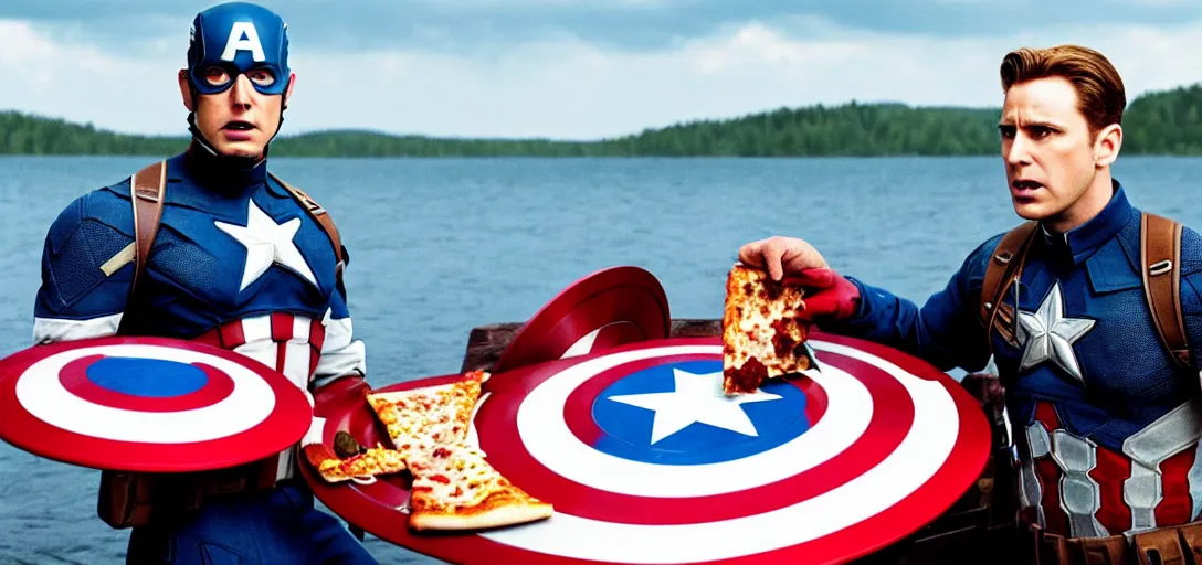 Image similar to a very high resolution image from a new movie. captain america eating pizza on a lake, photorealistic, photography, directed by wes anderson