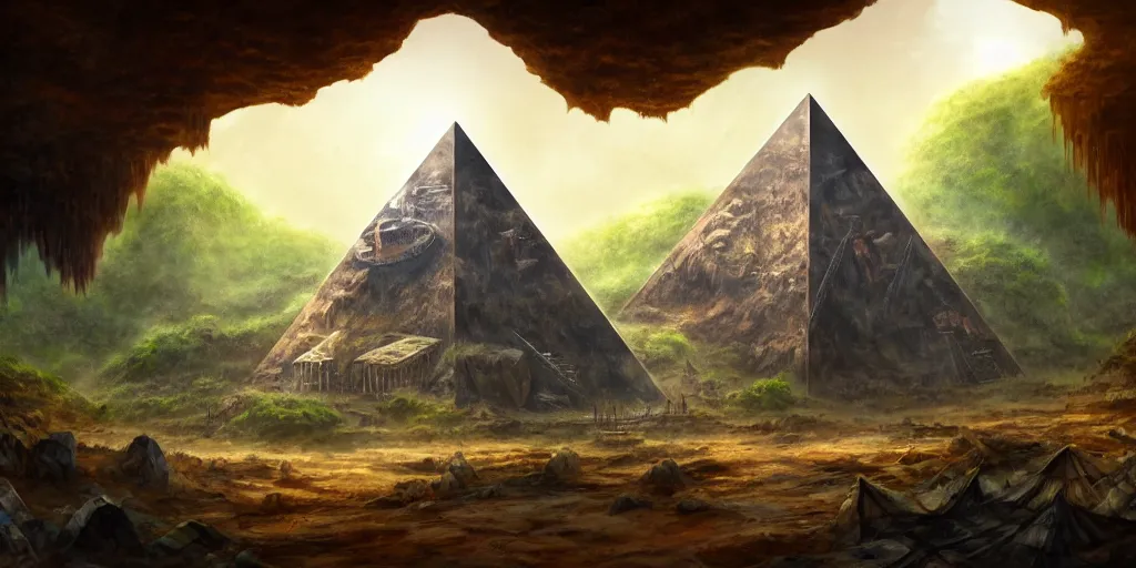 Prompt: a lone chrome pyramid sits inside a rusted cave mouth in the jungle, matte oil painting, merchant tents, ancient world, canyons, science fantasy, rpg, epic, extremely detailed, sharp focus, 4 k