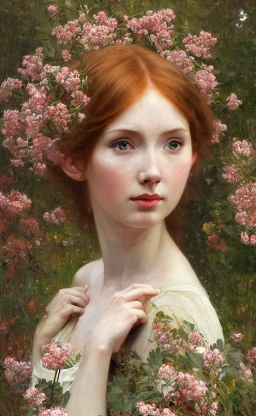 Prompt: a realistic oil painting of a girl resembling karen gillan, covered in flowers, highly detailed, intricate, detailed background, artstation, by mucha, by william adolphe bouguereau, by waterhouse