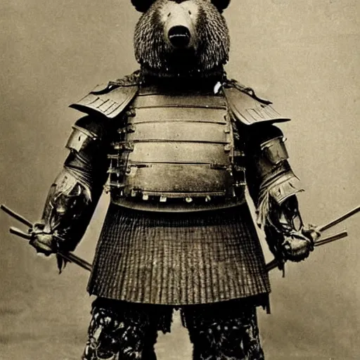 Image similar to “grizzly bear in full samurai armour, 1900’s photo”