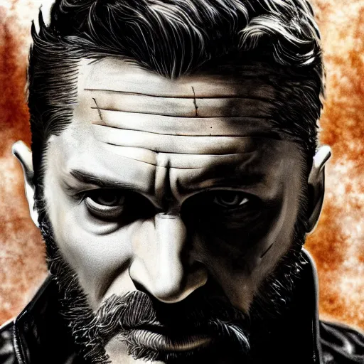 Prompt: Tom Hardy as wolverine in Black Damaged leather suit Digital art 4K quality Photorealism