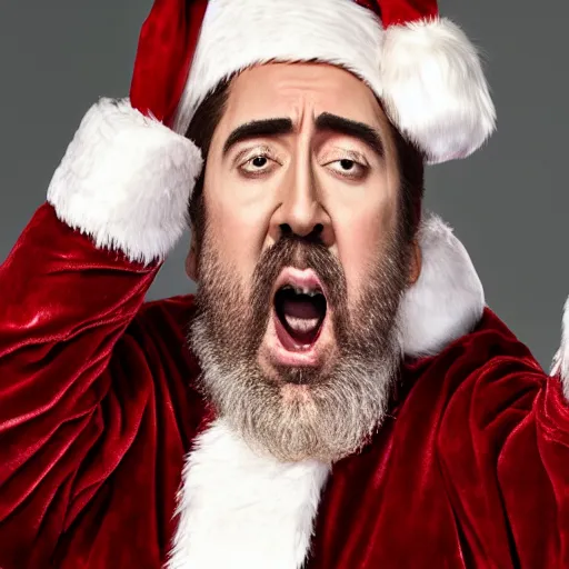 Image similar to nic cage screaming while covered from head to toe in fancy santas, award winning portrait