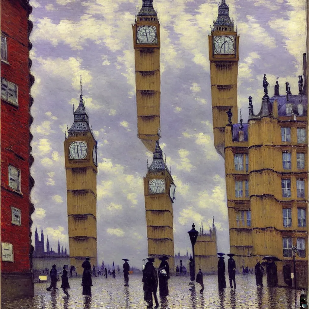 Image similar to gustave caillebotte painting of london in sunny rainy day, big ben