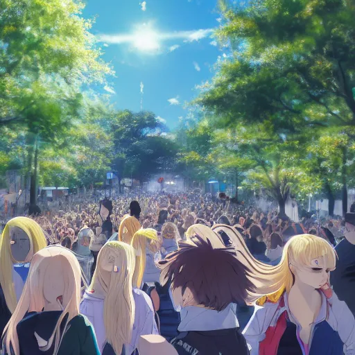 Image similar to blonde - haired princess, anime princess, wearing black jacket and white leggings, looking through crowd, town street, festival street, trees, green trees, blue lighting, blue sunshine, strong lighting, strong shadows, vivid hues, ultra - realistic, sharp details, subsurface scattering, intricate details, hd anime, 2 0 1 9 anime