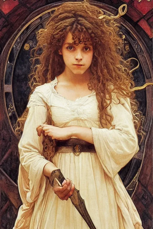 Image similar to hermione granger wearing medieval armour, bouguereau and mucha