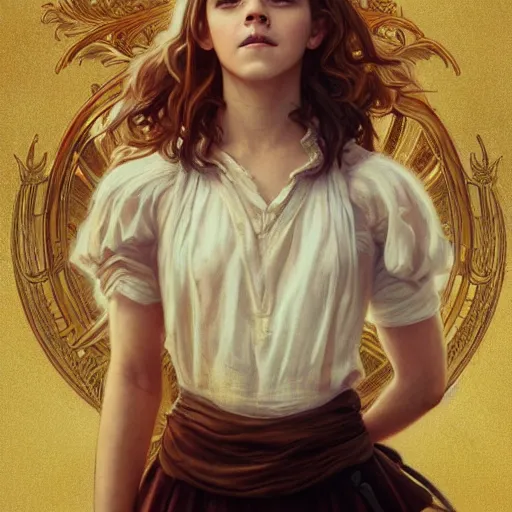 Image similar to Painting of Emma Watson as Hermione Granger. Prisoner of Azkaban. Cheerful. Happy. Art by artgerm and greg rutkowski and alphonse mucha. During golden hour. Extremely detailed. Beautiful. 4K. Award winning.