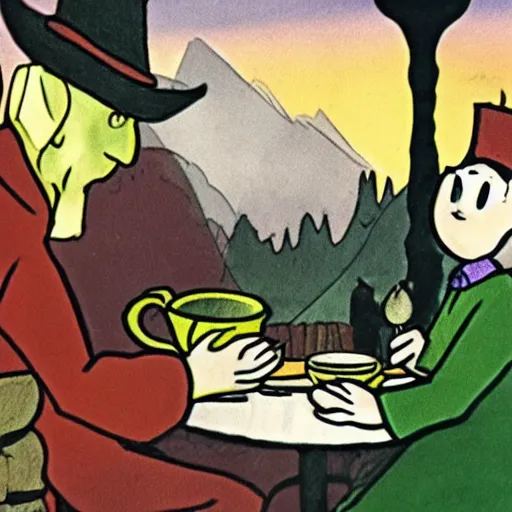 Image similar to count orlok having tea with snufkin and the moomins