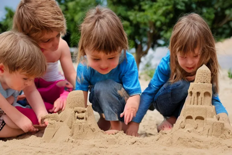 Image similar to two kittens and two children touching a sand castle