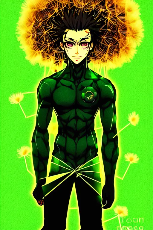 Image similar to nuke cloud dandelion male anime character, symmetrical, highly detailed, digital art, sharp focus, trending on art station, green eyes, glowing radioactive colours