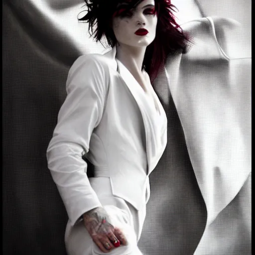 Image similar to beautiful portrait of androgynous ruby rose as desire from sandman in a white tuxedo!!!, rockabilly style,, by alphonse mucha, by jeremy mann, by peter lindbergh, cedric peyravernay, by frank moth, white suit and black tie, soft lightning, high detailed, 8 k