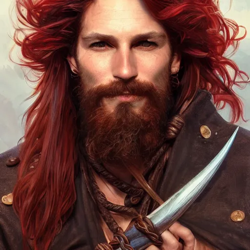 Image similar to portrait of a young ruggedly handsome but joyful pirate, male, masculine, upper body, red hair, waist long hair, d & d, fantasy, intricate, elegant, highly detailed, digital painting, artstation, concept art, matte, sharp focus, illustration, art by artgerm and greg rutkowski and alphonse mucha