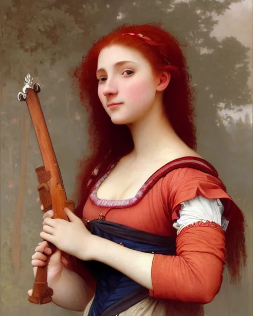 Prompt: fantasy portrait of a happy young women looking with red hair and freckles, slight smile, renaissance colorful dress, leather armor, music instrument in hand, backlit, digital painting by William-Adolphe Bouguereau, photoshop, trending on Artstation, sfw