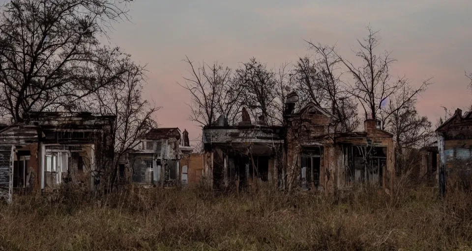 Prompt: a creepy decrepit abandoned town at dusk that seems haunted