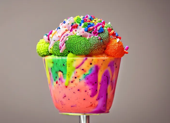 Image similar to food photo still of soft serve swirled frozen yogurt topped with broccoli and rainbow sprinkles, 8 5 mm f 1. 8 studio lighting