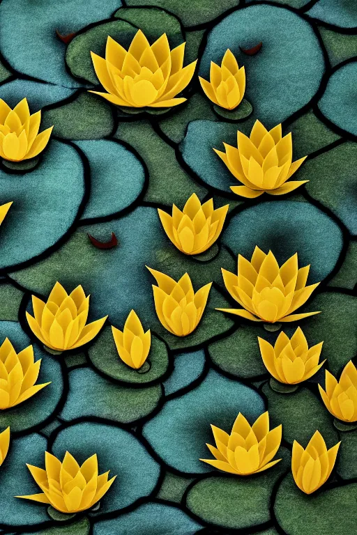 Image similar to lilyPads with Lotus flowers in the golden hour, paper cut art, close up, DOF, 8k, artstation,