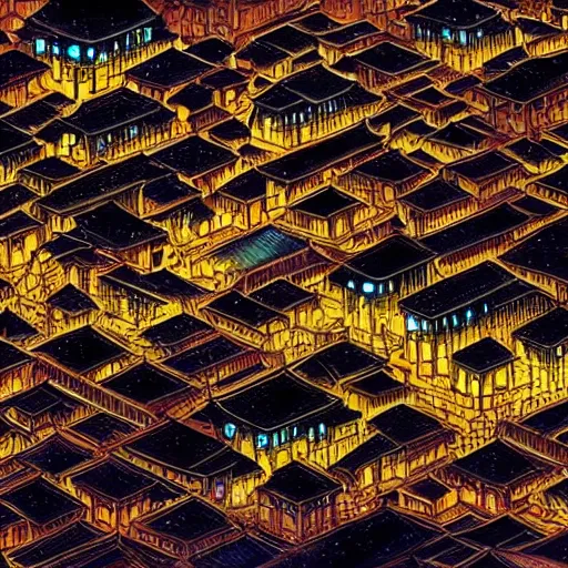 Image similar to A beautiful painting of the Ancient city in China at night by Victo Ngai, Hyakki Yako, effect, unreal engine, Trending on artstation，super wide view、Overhead view