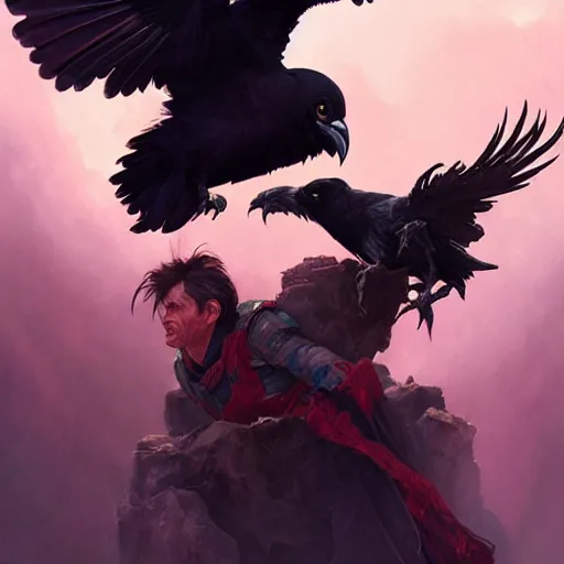 Image similar to jim carrey controlling evil ravens, demonic, evil, satanic, intricate, highly detailed, digital painting, artstation, concept art, smooth, sharp focus, illustration, unreal engine 5, 8 k, art by artgerm and greg rutkowski and alphonse mucha